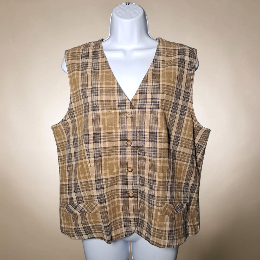 VTG 90s Fundamental Things Brown Plaid Vest Women Large Coastal Academia Linen